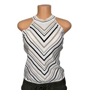 WHBM White House Black Market Striped Chevron Halter Knit Top White Black Tan S